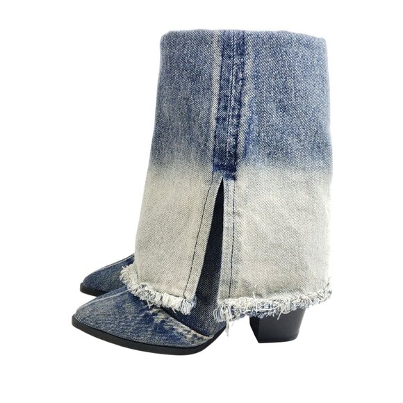 Blue Faded Denim Fringe Fashion Boots Womens Size 6 Textile - Picture 3 of 9